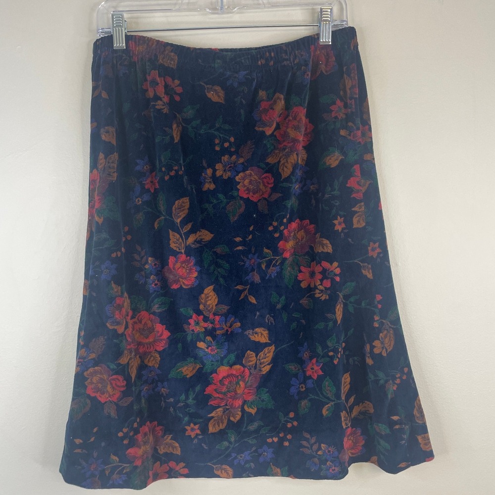 Vintage Cottage Floral Velour Skirt Women Medium Midi Moody Old Money Modest - Picture 7 of 13